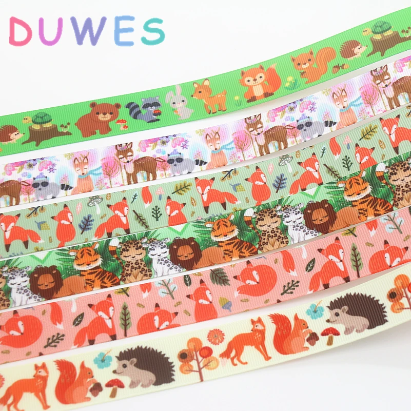 DUWES 50 ярдов животные лиса белка Печатный grosgrain ленточный аксессуар бант для волос
