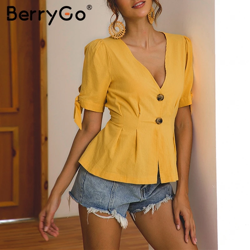 BerryGo сексуальная летняя блузка с v образным вырезом женская элегантная рубашка