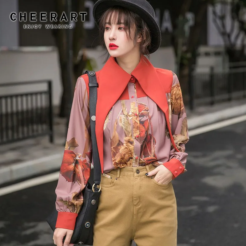 Женская блузка в готическом стиле Cheerart красная с большим воротником фиолетовая