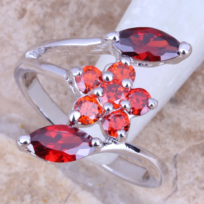 Превосходный красный гранатовый Серебряное женское кольцо с цветком Размер 6/7/8/9