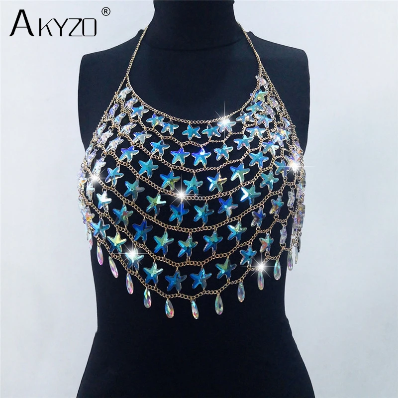 Sexy Bling Chest Chain Star Sequins Crop Tops Women Summer Beach Halter Sparkling Nightclub Party Cropped Backless Tank tops Женская