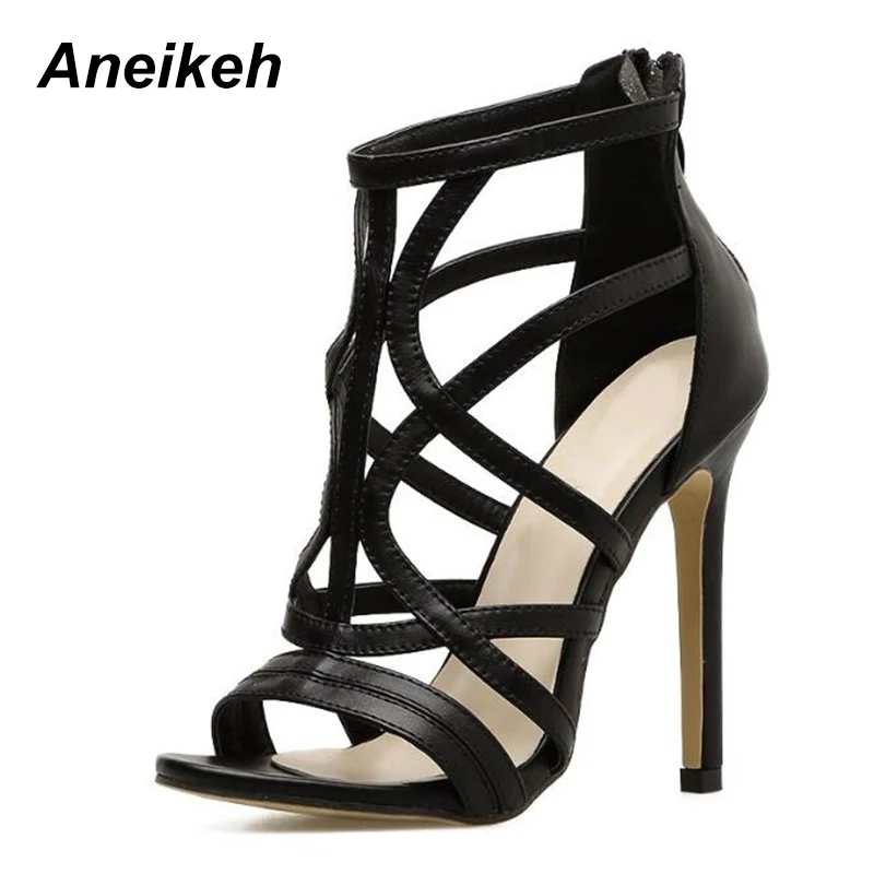 Aneikeh/женские босоножки из искусственной кожи; коллекция года; сезон лето; туфли на высоком каблуке-шпильке с перекрестными ремешками; простая пикантная женская обувь; гладиаторы; цвет черный, абрикосовый