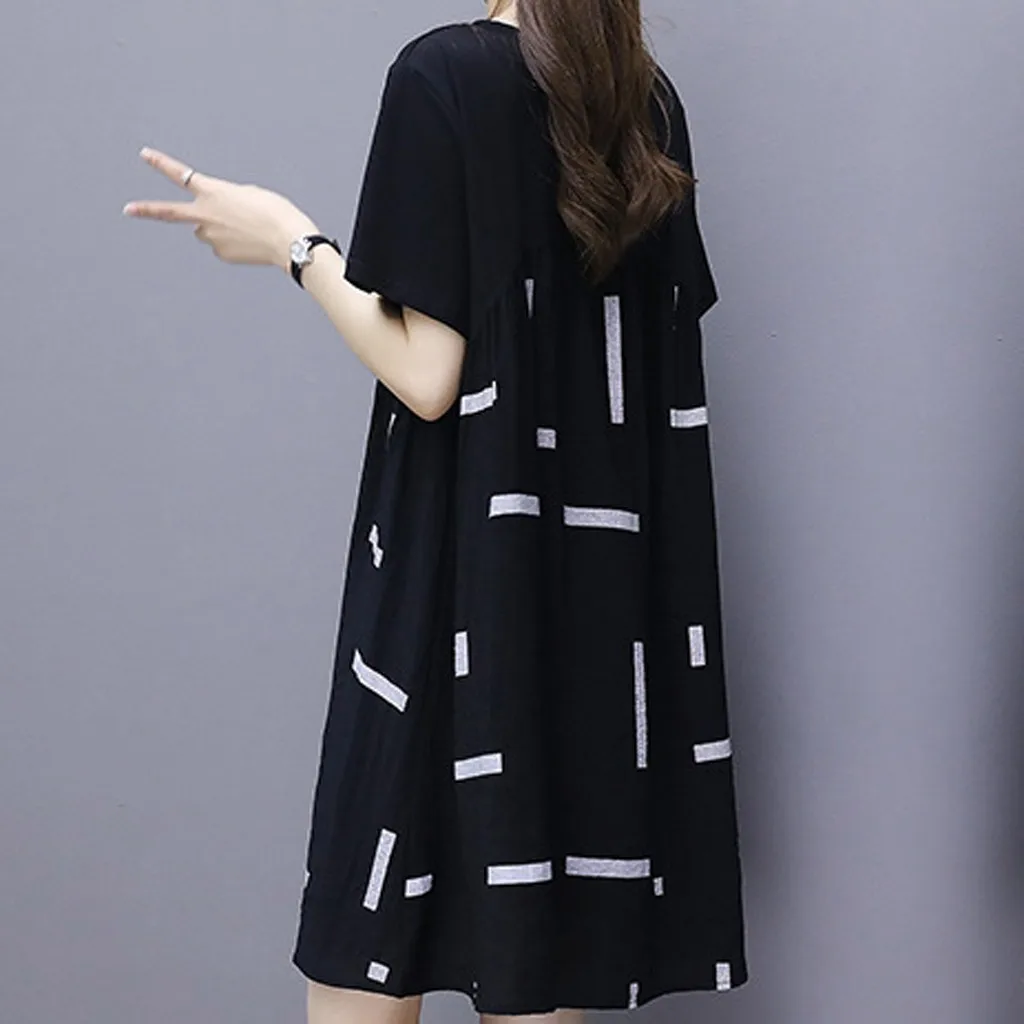 Женское летнее свободное платье длиной до колена с коротким рукавом круглым