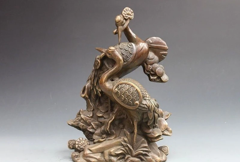 14 &quotКитайский дворец Фэншуй Бронзовая медь эверзеленые сосны две статуя журавля