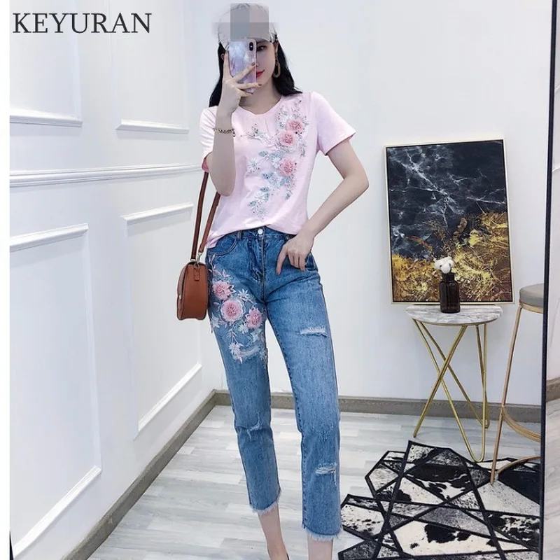 2019 летние новые женские розовые футболки с вышивкой бисером и 3D цветами + синие