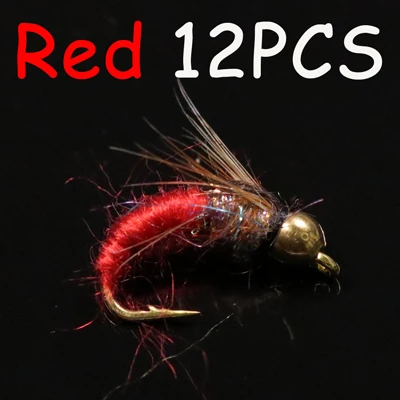 Red 12pcs ICERIO 12 шт. латунная бусина голова Кадис Нимфа мухи форель нахлыстом приманка#12 - Цвет: Red 12pcs