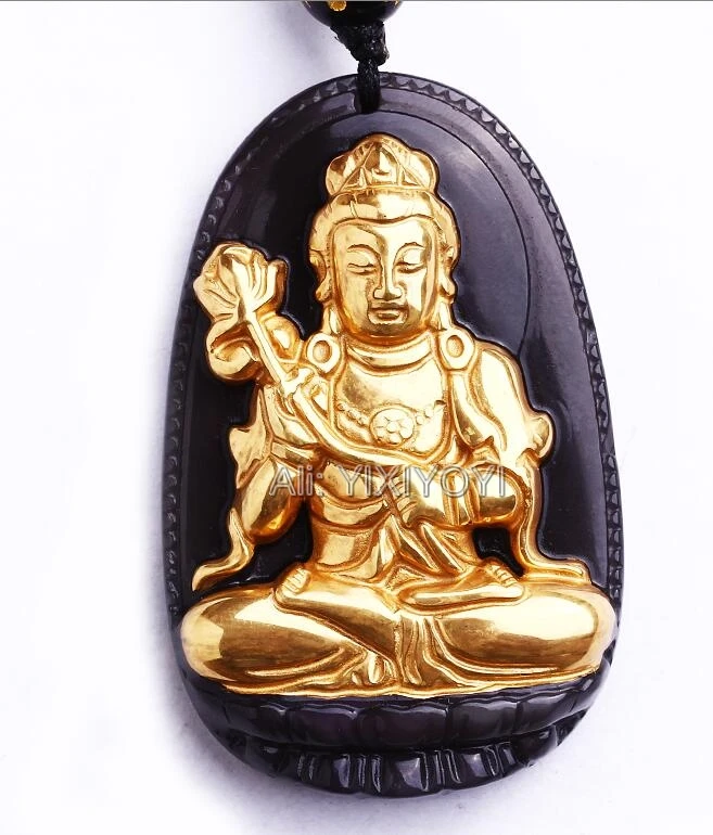 Красивый ручной работы натуральный черный обсидиан + 18K ТВЕРДОЕ ЗОЛОТО китайский