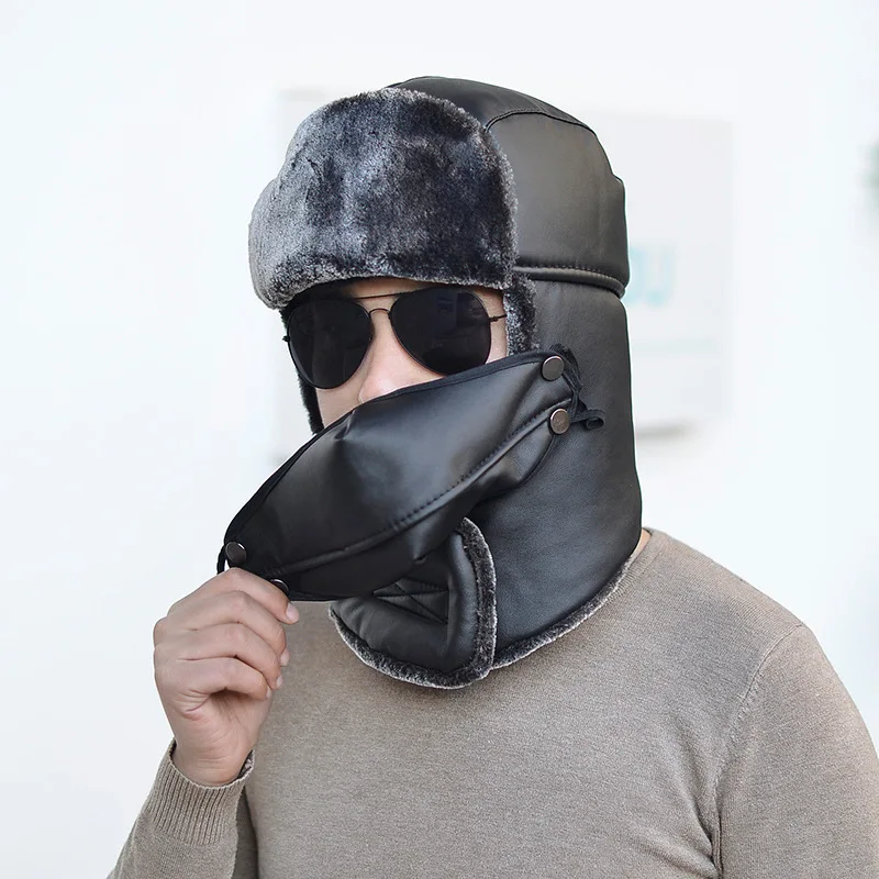 Зимние для мужчин Bomber Hat Earflap России шапки из искусственной кожи ветрозащитный ушанка охотничьи лыжные велосипедный шлем