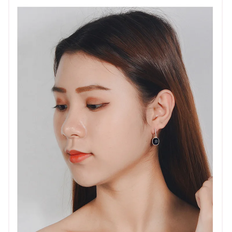 

MEYRROYU New Style 925 Sterling Silver Black Square Pendant Long Earrings Ladies Fashion Earrings Classic Jewelry Gifts