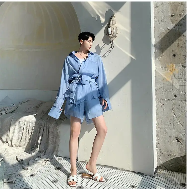 M-XXL! Раннее лето tide модели свободные костюм футболка с шортами tide бренд мужской ремень с длинными рукавами рубашка корейский аромат шикарные горячие брюки
