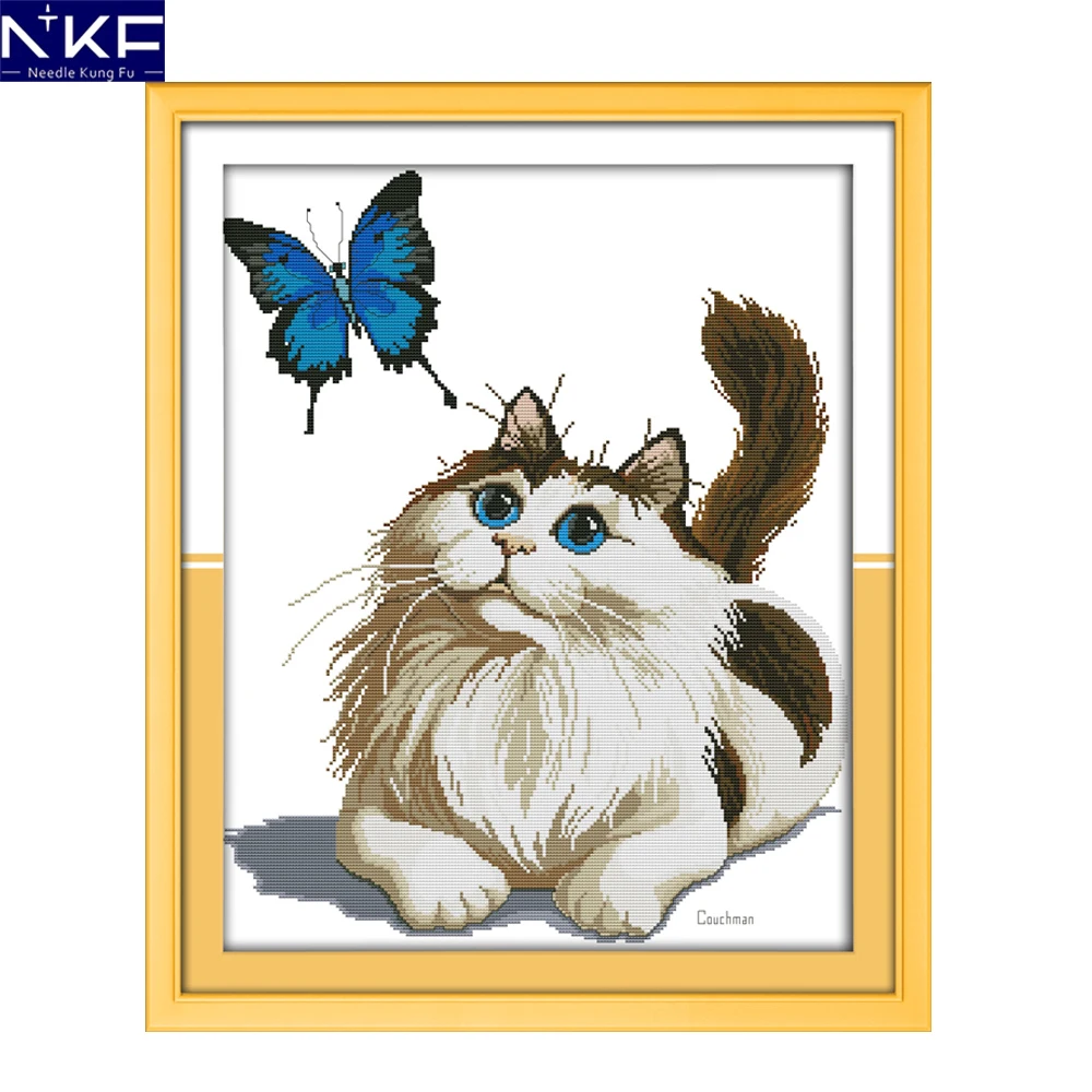 

NKF Cat and Butterfly Chinese Cross Stitch Sets Needle Craft Counted Stamped Canvas Cross Stitch Wedding for Home Decoration