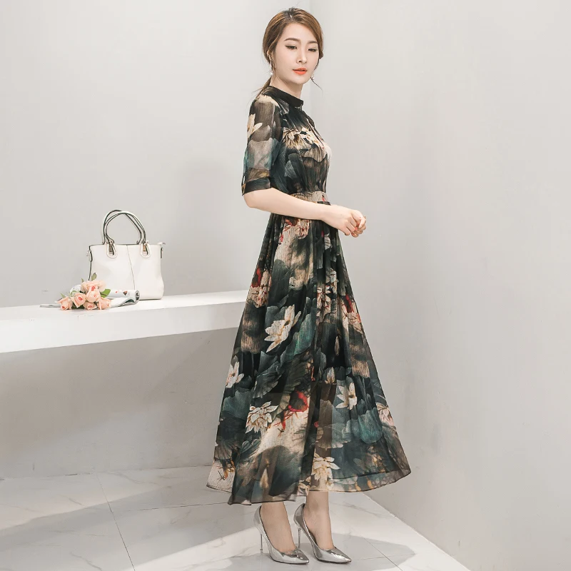 2020 Summer New Style Fashion Leisure Clothing Female Sweet Slim Collar Stamp Seven Sleeve Chiffon Dress | Женская одежда