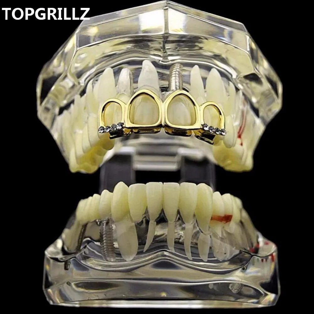 Набор гриля TOPGRILLZ золотого цвета четыре полнолицевых полых зуба топ с фианитами и