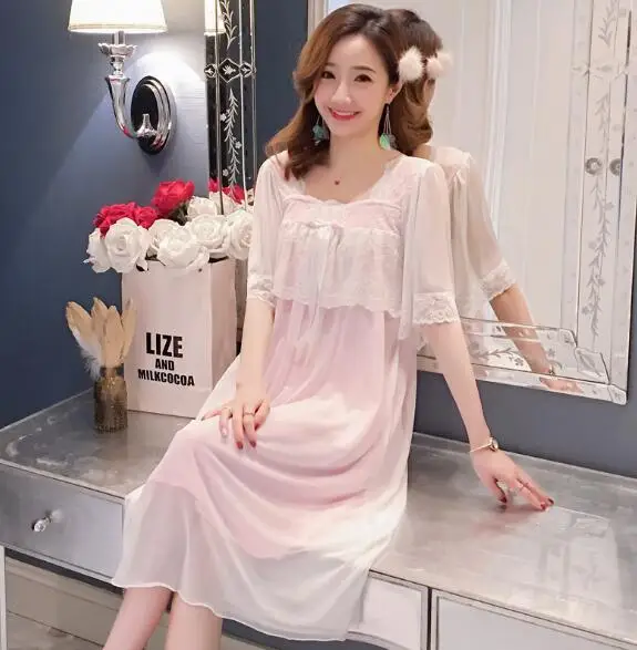 

Sweet women night dress casual cotton and lace nightwear nightshirt large size women's night gown slash neck summer nightdress