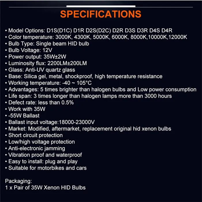 2 шт. 35 Вт ксеноновая лампа HID фара H1 H3 H7 H11 9005 HB3 9006 HB4 D1S D2S D3S D4S 4300K 6000K 8000K 12000K для дооснащения проектор