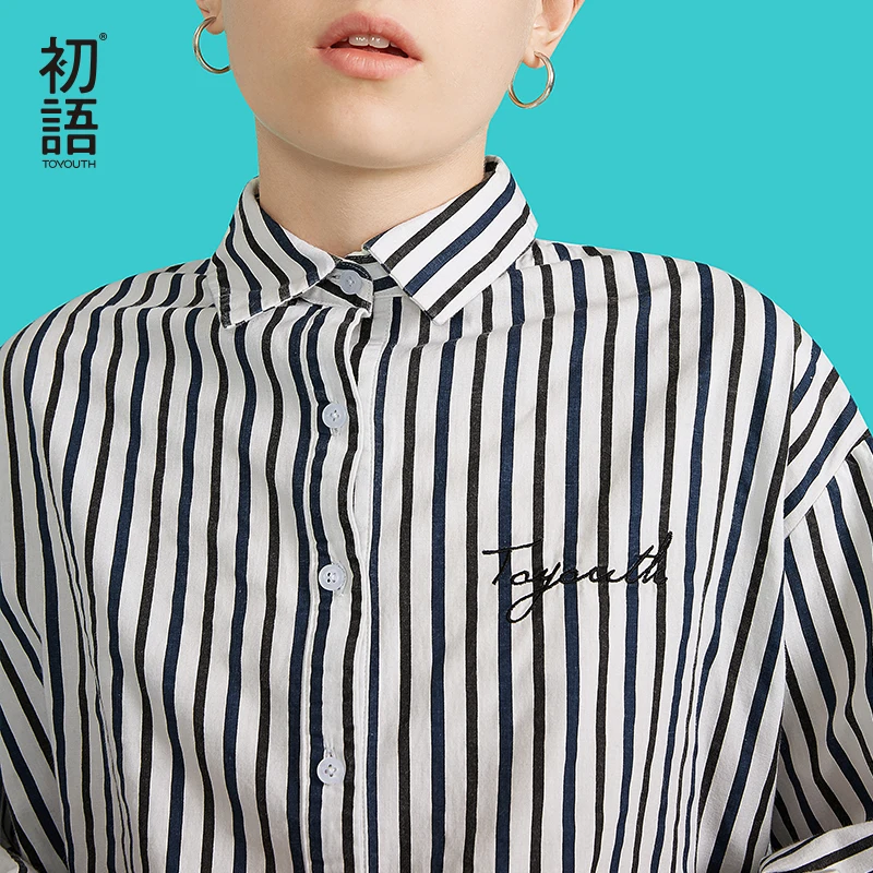 Тойуф Фэшн Опенинг Кафф Вумен Ширтс Луз Эмбройдери Леттерс Блузес Кореан Стайл Коттон Стрипед Лонг Слив Фемейл он.