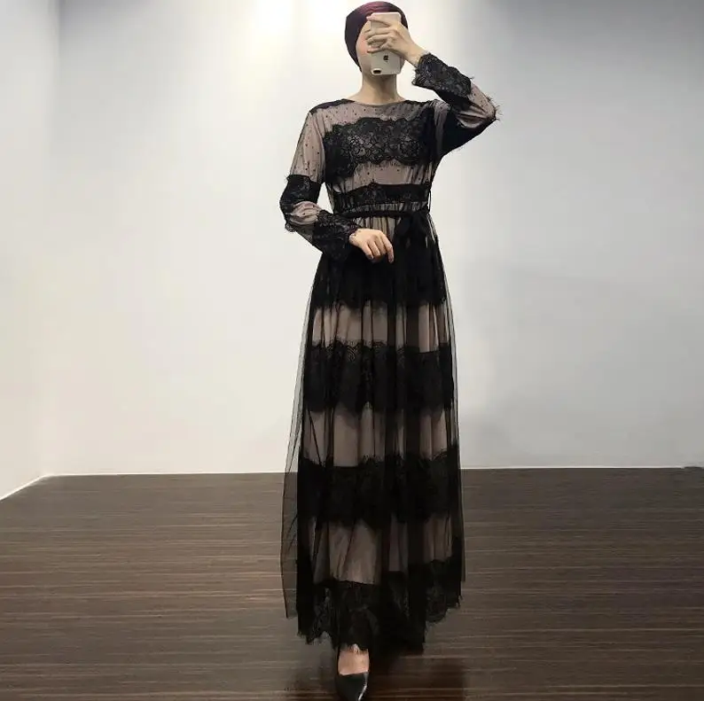 as picture dress Абая Кимоно Рамадан пальто Дубаи женские мусульманские платья кафтаны абайя халат марокена Катара исламская одежда - Цвет: as picture dress