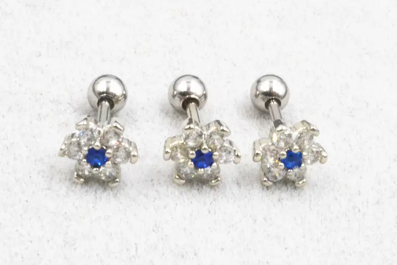 Lot30pcs тела-CZ камни шпильки/серьги из нержавеющей стали HELIX БАР в верхней части серьги пирсинг цветочный дизайн