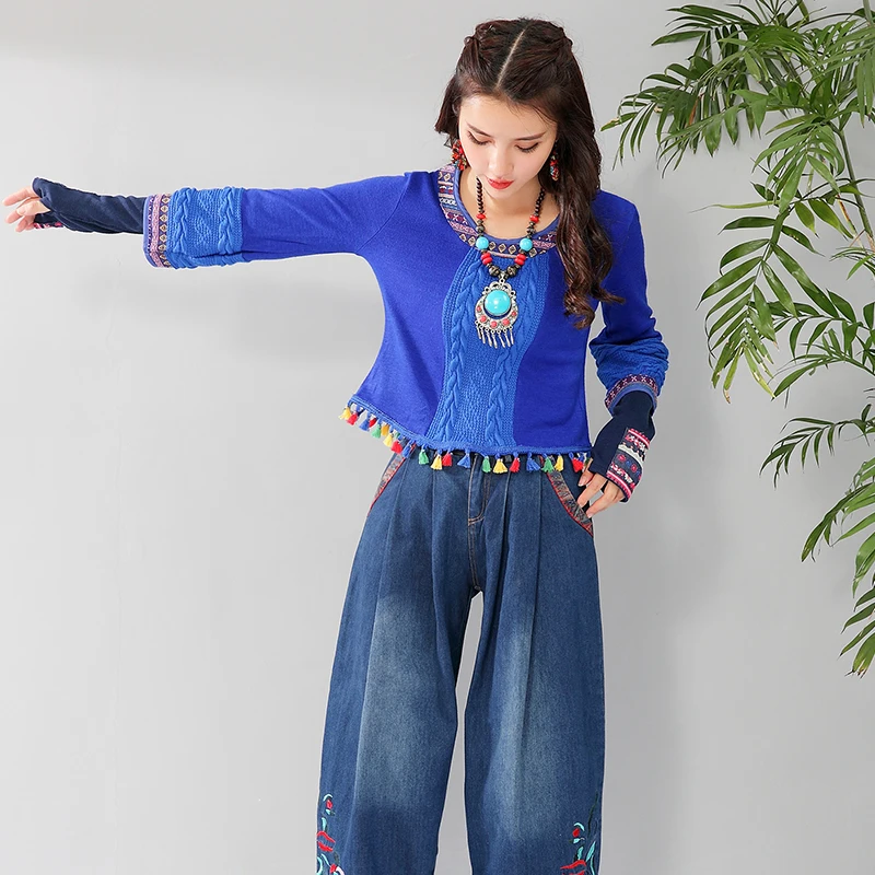 

2019 New Women Vintage Embroidery Knitted sweaters Loose O Neck Fringed stitching ethnic wind Pullover Sweater cc463