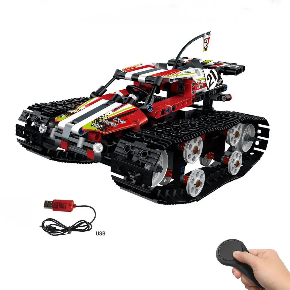 Red MoFun-13023 410 шт. DIY Электрический Радиоуправляемый автомобиль 2,4G 4CH usb зарядка строительный блок имитация гусеничного высокоскоростного автомобиля игрушка для детей - Цвет: Red