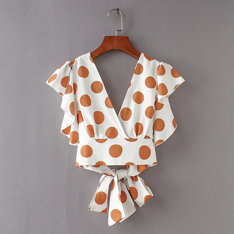 Женская винтажная блузка с рукавом бабочкой Повседневная облегающая в горошек v