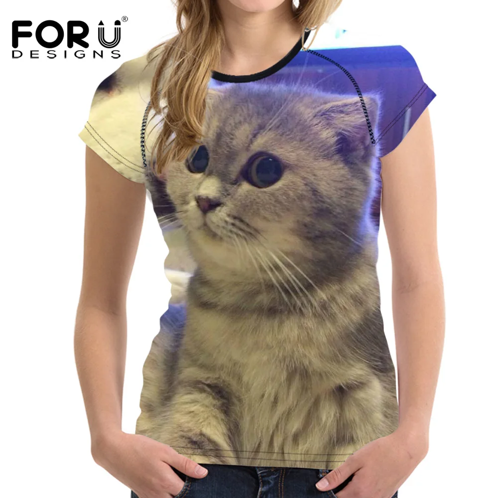 FORUDESIGNS/крутая 3D футболка с шотландским принтом кота женская модная укороченный