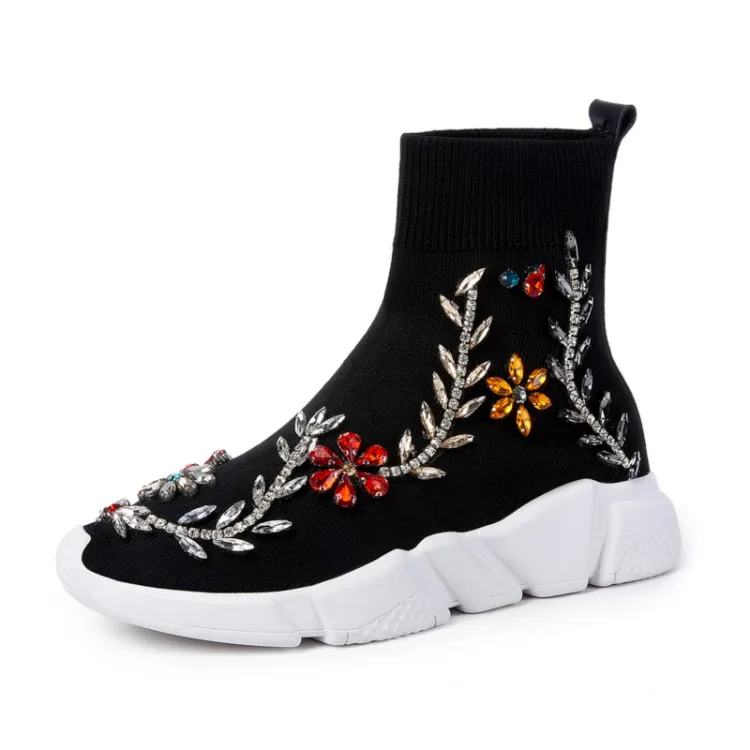 

{Zorssar} Plus Size 34-44 Popular Young Women Boots Fashion Rhinestone Sneaker Womens Flat Ankle Stretch Socks Boots 2019 Spring