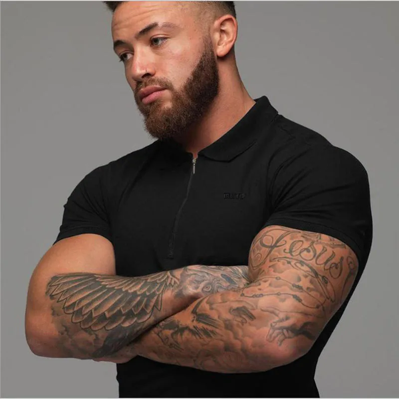 Muscle Brothers Мужская Новая деловая Спортивная Фитнес Повседневная трендовая приталенная рубашка-поло с коротким рукавом - Цвет: black