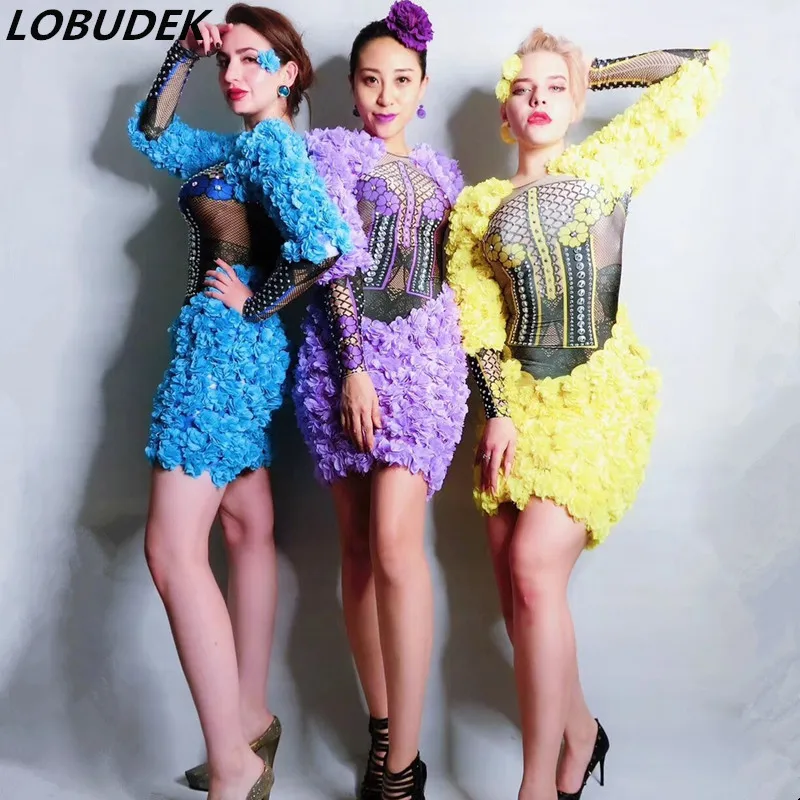 

New Design Women Blue/Yellow/Purple Flowers Rhinestones Dress Floral Package Hips Short Dress Prom Birthday Singer Stage Dresses