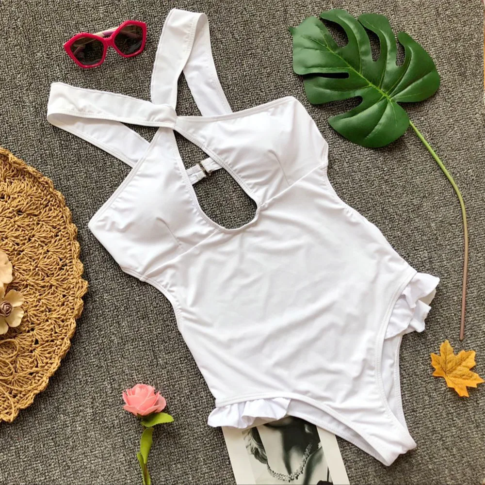 Женский слитный купальник монокини белого и красного цвета однотонный Купальник