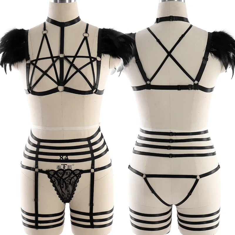 

Feather Epaulette Top halter Cage Bra Shoulder wings Lace Pantie Suit High Waist Garter Belts bottom Leg Ring Pentagram Harness