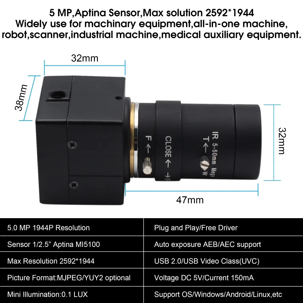 5 МП мини USB камера 50 мм Ручная варифокальная линза Aptina MI5100 CCTV микро HD