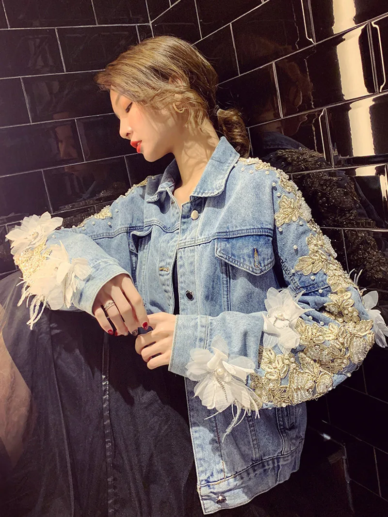 YingYuanFang модная новая свободная Весенняя джинсовая куртка с вышивкой бисером
