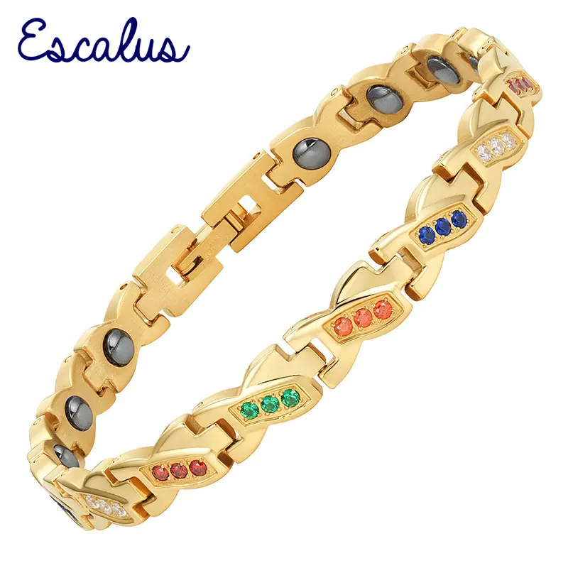

Escalus Beauty Colorful Crystals Magnetic Bracelet For Women Stainless Steel Gold Color Link Chain Charm Bracelets Wristband