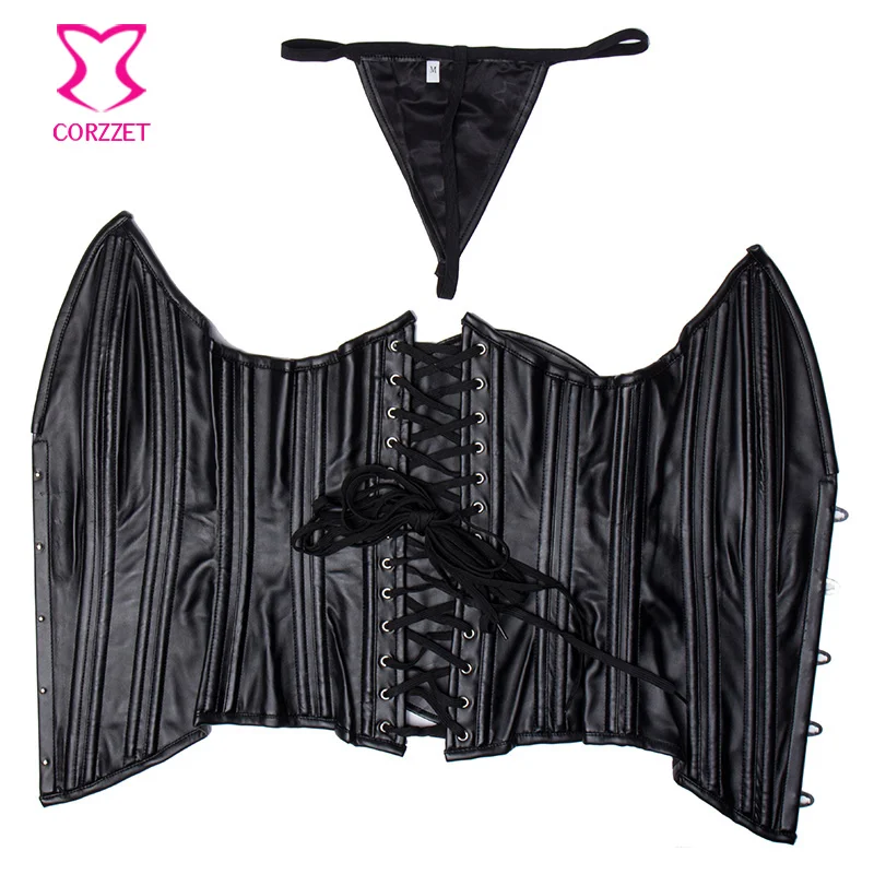 

Corzzet Steampunk Black Faux Leather V-neck Bat Overbust Corset Steel Boned Waist Slimming Steampunk Gothic Bustier Corselet