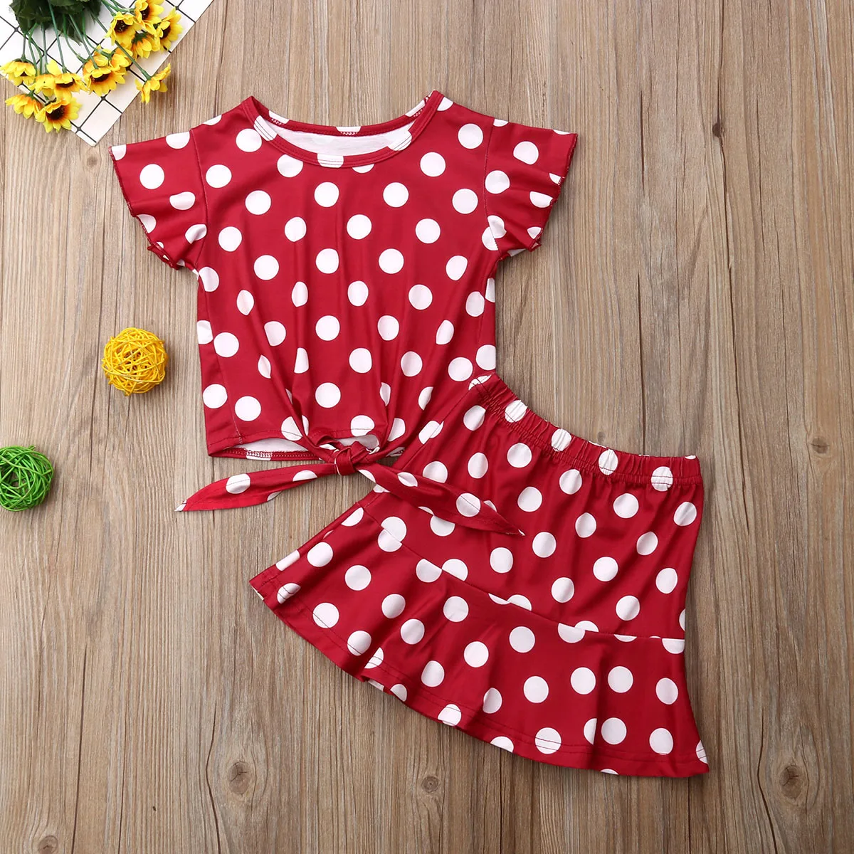 New Arrival Summer Baby Girl Clothes Set 2PCS Toddler Flying Sleeves Polka Dot T-Shirt Floral Skirt Sunsuit Outfits | Детская одежда и