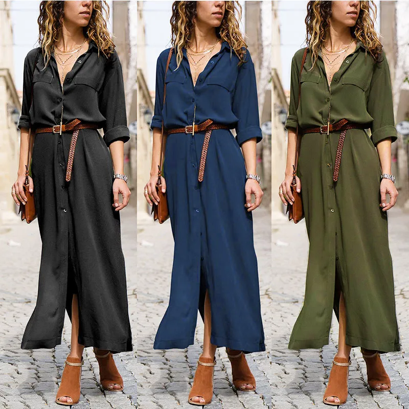 Женское Хлопковое платье-кафтан с длинным рукавом повседневное длинное