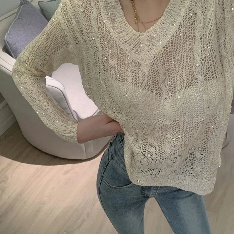 Korean Women Sweater Summer Clothes Woman Trend Transparent Pullover Knitted Femme Autumn Student Street Casual Coat | Женская одежда