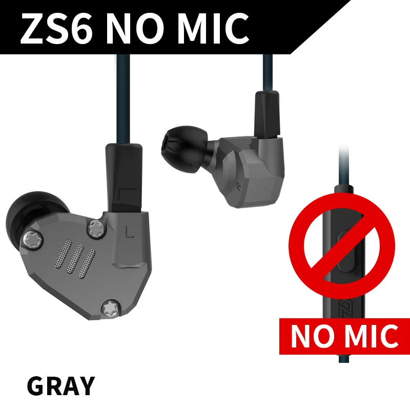 gray no mic KZ ZS6 2DD+ 2BA наушники-вкладыши гибридные Hi-Fi Monito наушники для бега спортивные DJ наушники-вкладыши Наушники-вкладыши ZS5 ZS10 ES3 ED12 ED4 AS10 - Цвет: gray no mic