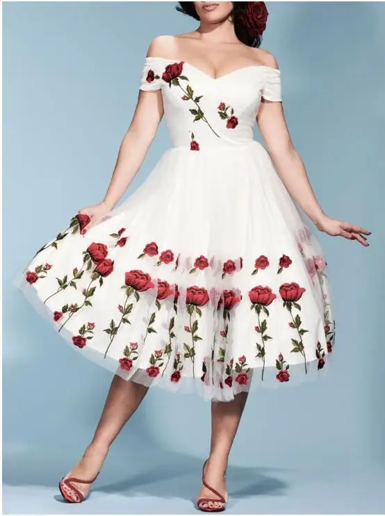 

Womens Off the Shoulder Evening Party Dresses Slash Neck Floral Embroidery Mesh Vintage Dress Short Sleeve Sexy Dress