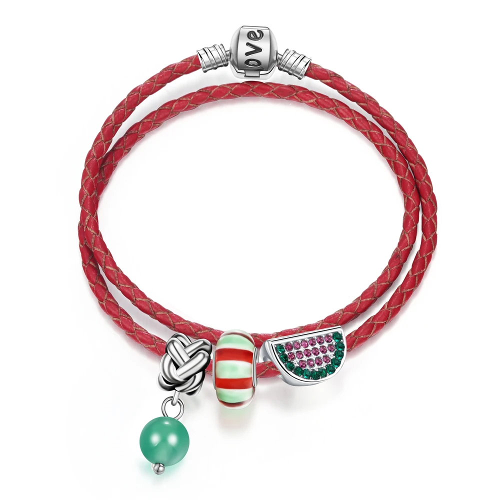 

Дизайн для простых красных бусины «арбуз» амулеты кожаные браслеты DIY браслет для женщин ювелирные изделия