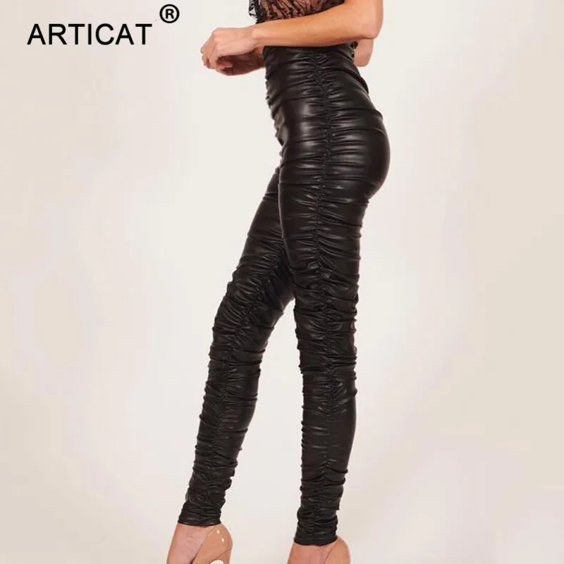 Articat/черные узкие брюки из искусственной кожи с высокой талией женские