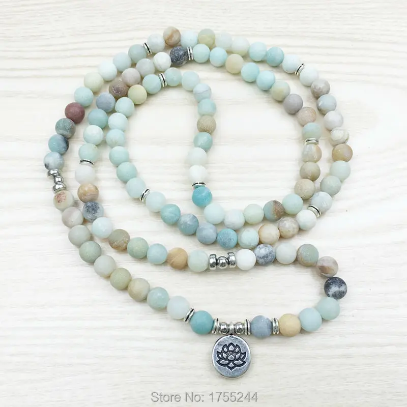 SN1142 Fashion Women`s 8 mm Matte Amazonite 108 Mala Beads Bracelet or Necklace Lotus Buddha Ohm Charm Free Shipping | Украшения и