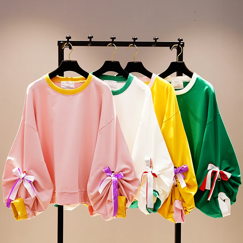 Harajuku/стильные однотонные толстовки с капюшоном для девочек и студентов; Популярные топы с длинными рукавами и бантом; осенний дизайн; толстовки с пышными рукавами