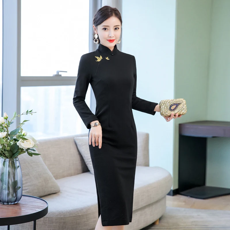 Черный традиционный китайский Ципао платье бабочка вышивка хлопок cheongsam женские