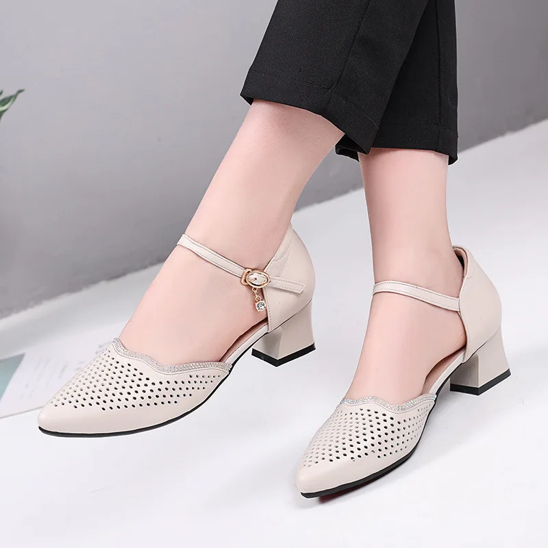 2021 New Summer Rhinestone Pointed Toe Hollow Genuine Leather Shoes Woman Fashion Sandals Comfort High Heels Women Sandal | Обувь