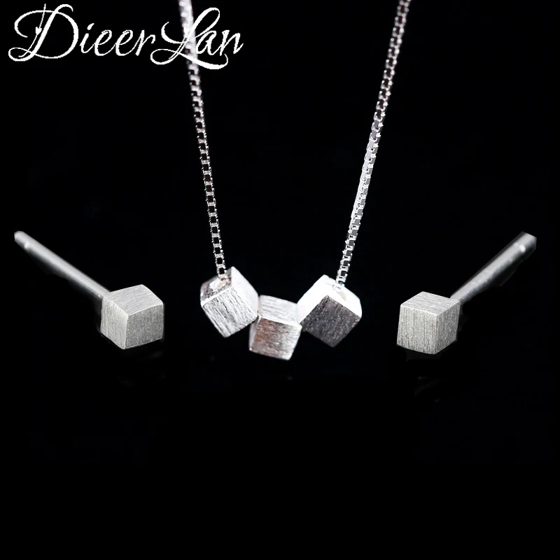 Silver DIEERLAN 925 пробы Серебряный кубик коробка серьги колье-чокер геометрической формы ожерелья Ювелирные наборы для женщин себе Pendientes Brincos - Окраска металла: Silver