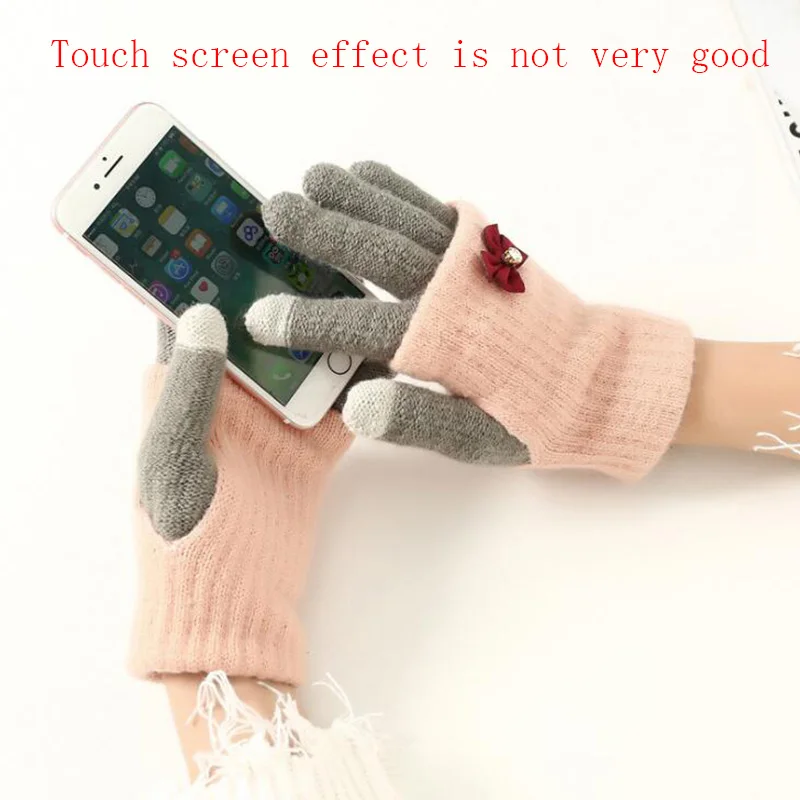 

Autumn winter students thick double warm wool gloves bow point diamond decorative touch screen gloves L95