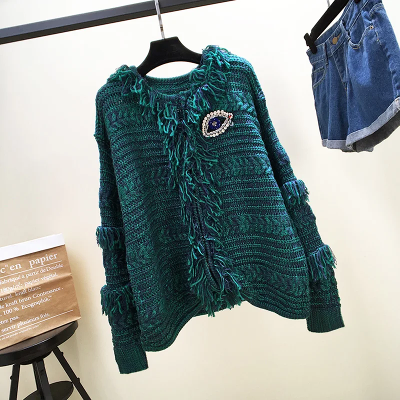 2018 chic autumn and winter new women's Korean matching knit nail drill tassel cardigan coat |