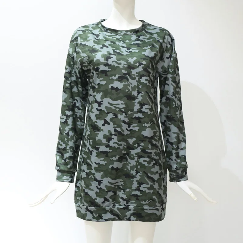 Женское платье с капюшоном Осенний джемпер длинным рукавом мини камуфляжным